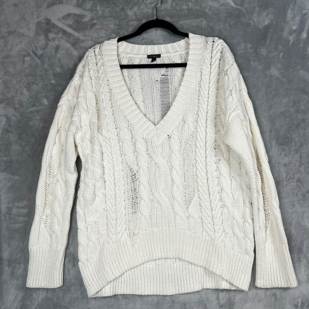 EXPRESS Womens Sweater Cream Cable Knit V Neck Oversized Distressed Medium - Picture 9 of 12
